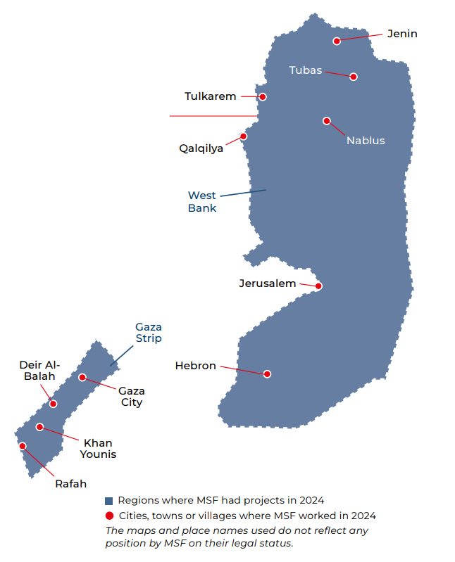 Carte des activités de MSF en Palestine en 2024