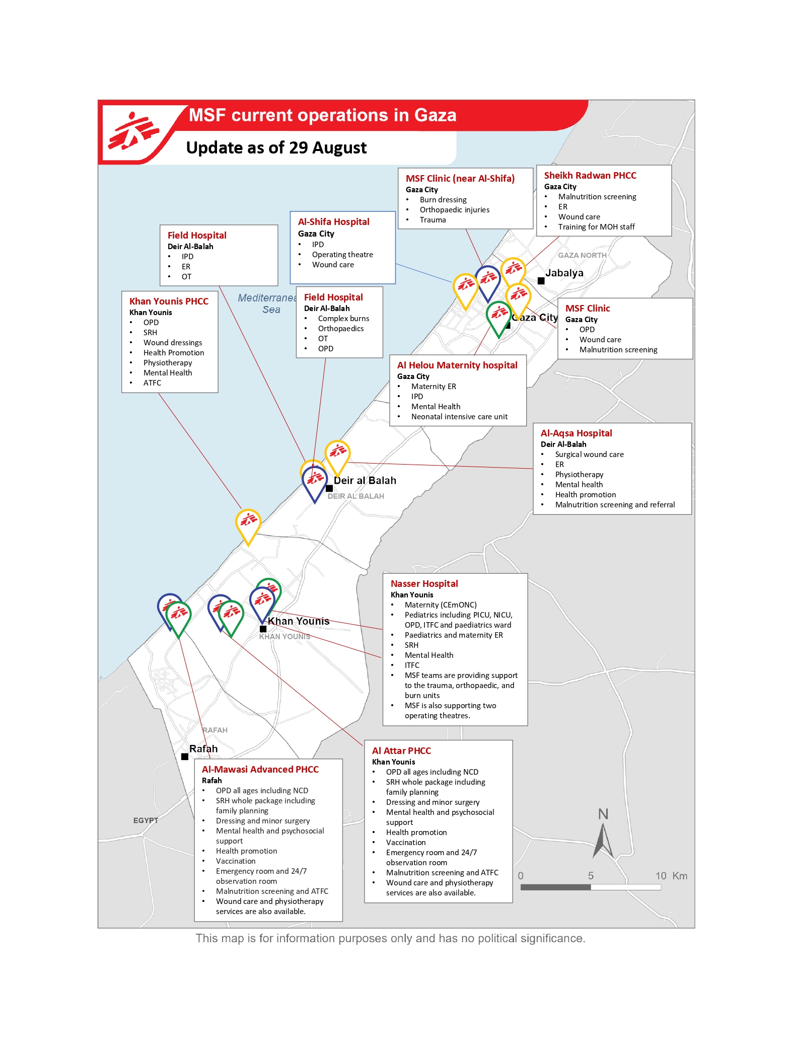 Carte des opérations de MSF à Gaza ©MSF - 29 août 2025
