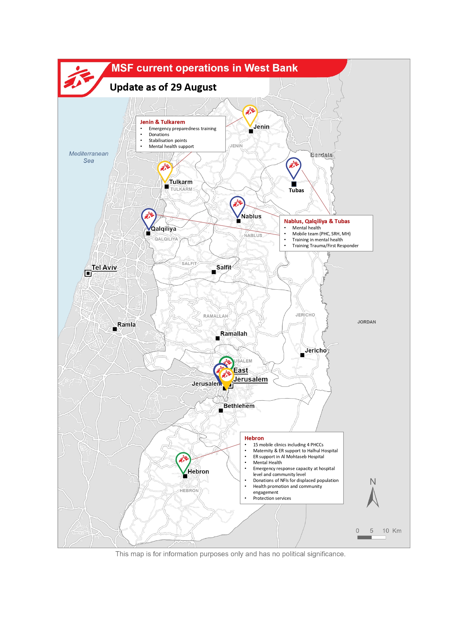 Carte des opérations de MSF en Cisjordanie ©MSF - 29 août 2025