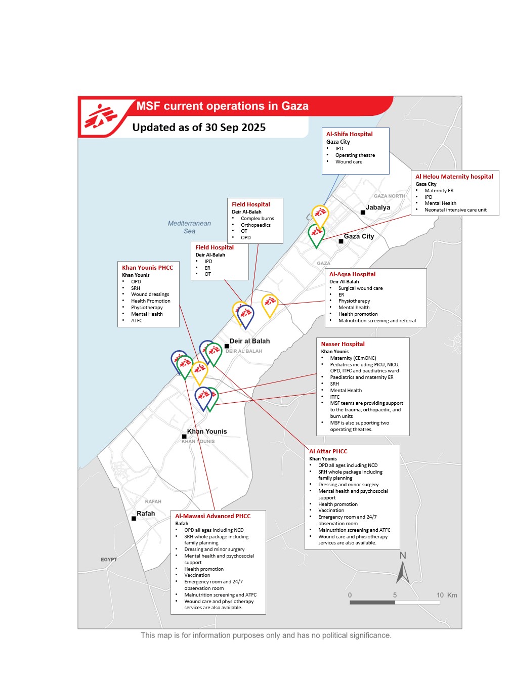 Carte des opérations MSF à Gaza - septembre 2025
