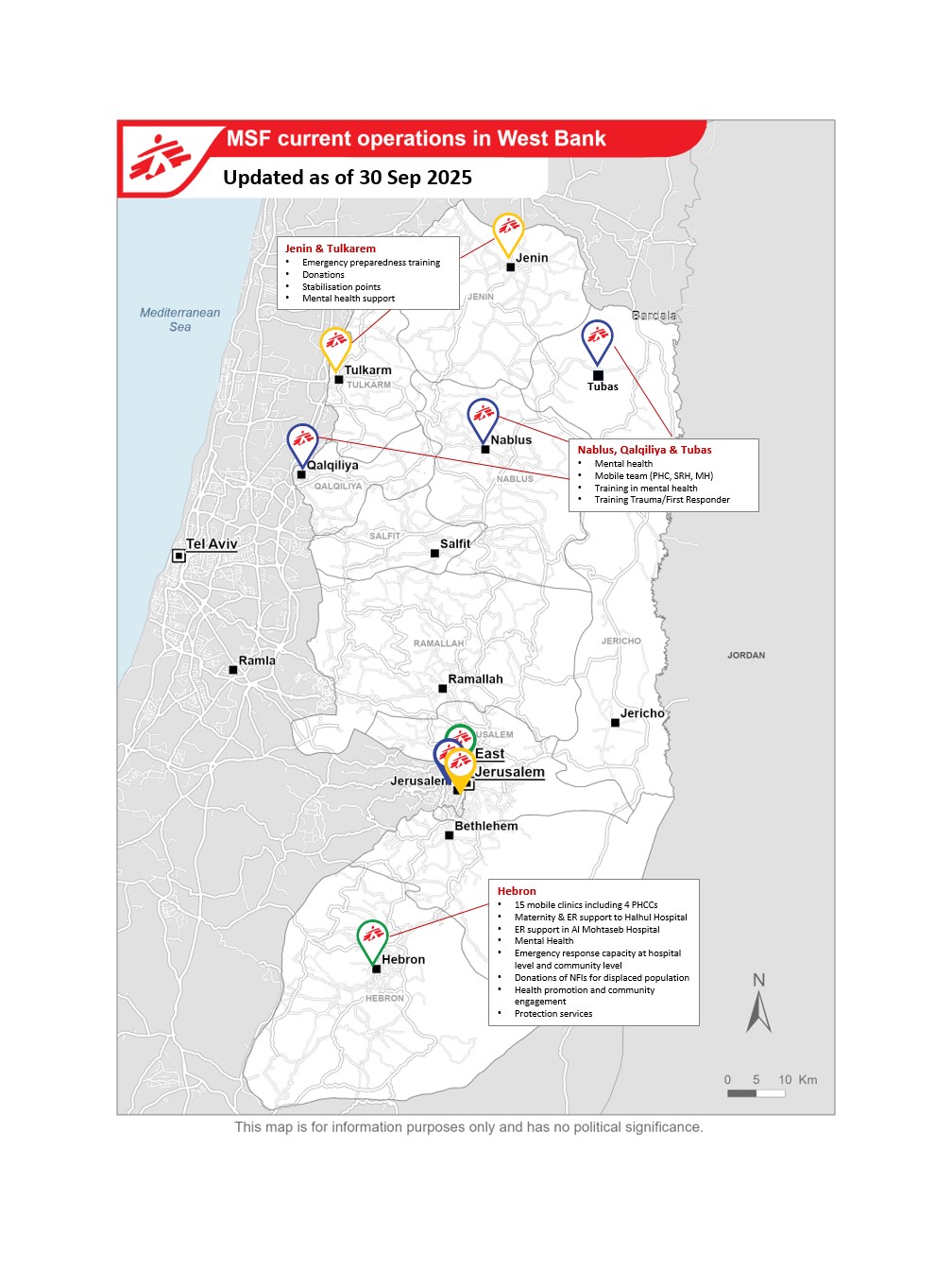 Carte des opérations MSF en Cisjordanie - septembre 2025